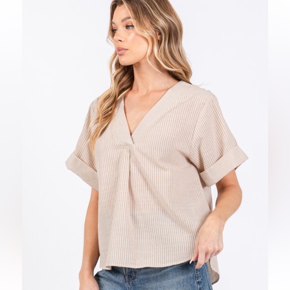 12 Boho Striped V-neck Short Sleeve Top - Picture 4 of 6